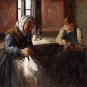 Interior With An Old Couple Sewing And Repairing Shoes