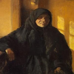 Interior With A Fisherman's Wife Dressed In Black In The Evening Sun by Michael Ancher