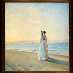 To Damer Vednordstranden. Solnedgang by Michael Ancher