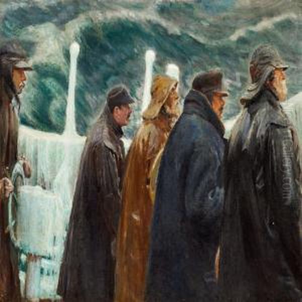 Five Sailors Standingon A Boat In Stormy Weather - view 1