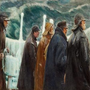 Five Sailors Standingon A Boat In Stormy Weather by Michael Ancher