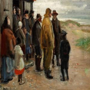 Fishermen, Fishermen's Wifes And Children In Front Of A House On Skagen Beach by Michael Ancher