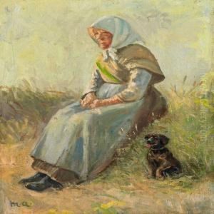 A Woman And Her Dog In The Dunes, Skagen by Michael Ancher