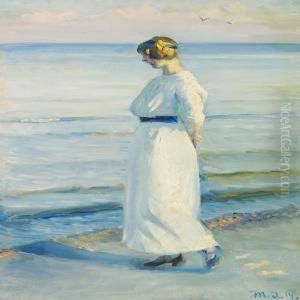 Young Girl Strolling Along Skagen Beach by Michael Ancher