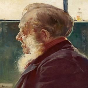 A Man Seen In Profile With A Window And A Bottle In The Background