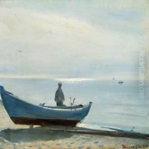 A Fisherman And A Dinghy On The Beach In The Blue Evening Light