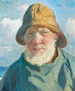 A Portrait Of A Fisherman With 
Sunlight On His Left Chin. Signed M. A. 19. Oil On Plate. 45,5 X 40 Cm