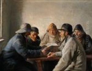 Reading The Newspaper; Five Fishermen Around A Table by Michael Ancher