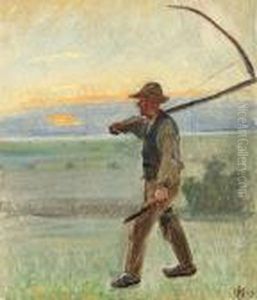 Evening In Skagen With Soren Rytter In The The Field by Michael Ancher