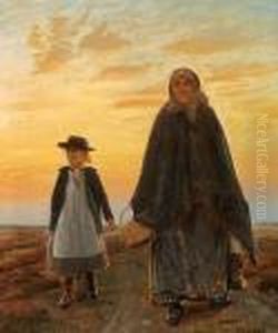 Evening In Skagen With Elsie Walking With A Little Girl by Michael Ancher