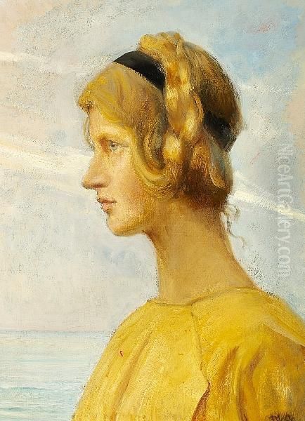 A Girl From Skagen In A Yellow Dress Seen In Profile With The Sea In The Background - view 1