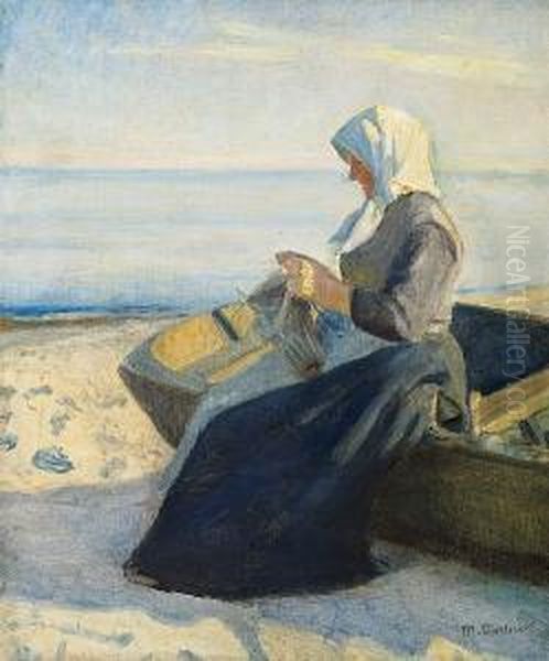 A Fisherwoman From Skagen Knitting On The Beach - view 1