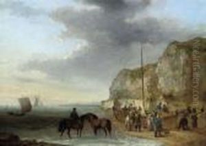 A Gentleman Resting His Horses 
In The Shallows With Fisherfolk On The Foreshore Unloading The Catch