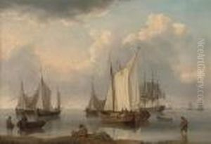 A British Warship, Dutch Barges And Other Coastal Craft On Theijselmeer In A Calm by William Anderson