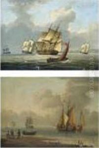 A 28-gun Frigate Of The Royal Navy Off The Coast; Fishing Boats Off The Shore In A Calm by William Anderson