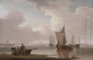 Small Traders In A Calm On An Estuary, With Fisherfolk In The Foreground