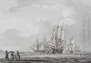 Figures On A Quay Waving To A Departing Ship by William Anderson