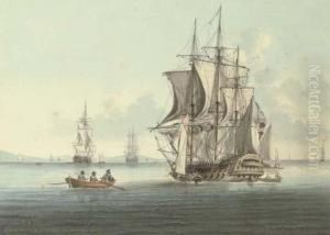 A Two-decker Lying At Anchor, Drying Her Sails As She Takes On Stores by William Anderson