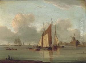 Barges In A Calm On The Estuary With A Trading Brig Beyond by William Anderson