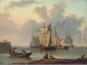 Shipping Offshore With Onlookers On The Beach by William Anderson