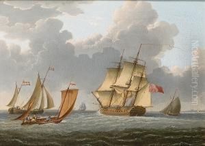 A Royal Navy 32-gun Frigate Making Her Way Through Various Small Craft Off The Coast