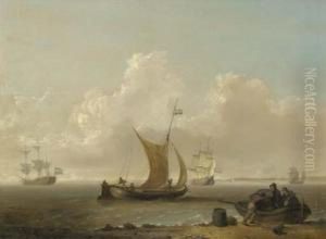A Dutch Warship And Merchantmen 
In An Estuary, With Figuresunloading Barrels On The Foreshore