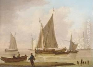 Dutch Barges Drying Their Sails Off A Village; And Commercialtraffic Anchored Offshore by William Anderson