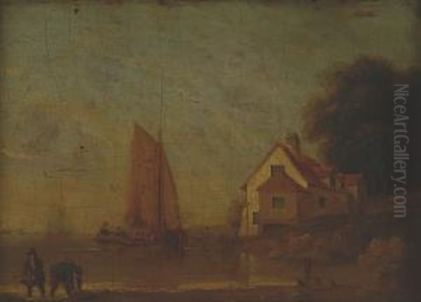 Shore Scene With Figures In The Foreground And Sailing Barges Beyond - view 1