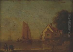 Shore Scene With Figures In The Foreground And Sailing Barges Beyond