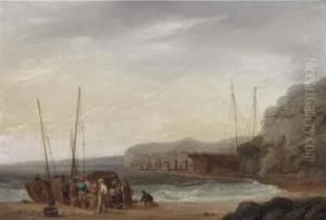Beach Scene With Boats And Figures by William Anderson