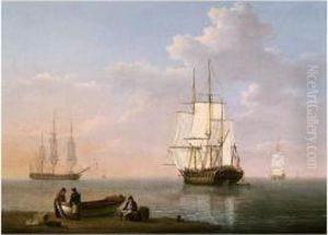 Frigates At Anchor, With A Ship's Cutter On Shore by William Anderson