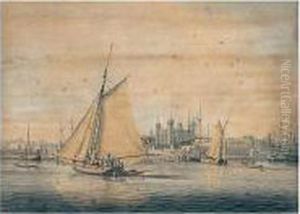 Shipping On The Thames Near Tower Bridge With The Tower Of London Beyond by William Anderson