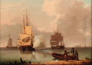 Men-o'war Preparing To Sail With One Firing A Salute