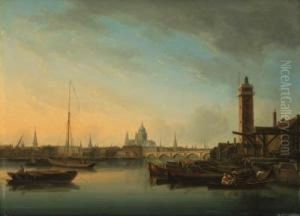 View Across The River Thames 
With A Timber Yard In The Foregroundand St. Paul's Cathedral Beyond