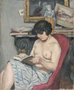 Femme Assise Mi-nu Dans Un Fauteuil Rouge by Albert Andre