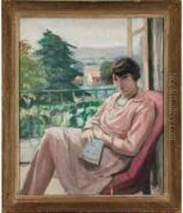 "jeune Fille En Rose Assise Devant La Fenetre". by Albert Andre