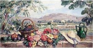Nature Morte Au Bouquet Et Au Chapeau De Paille Devant Un Paysage Des Environs De Laudun by Albert Andre