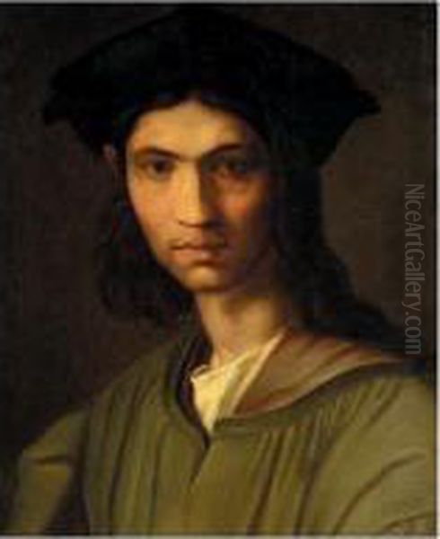 Portrait Of A Man, Head And
Shoulders, Wearing A Green Jacket And A Black Hat, Said To Be Baccio
Bandinelli - view 1