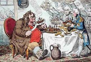 John Bull Taking a Luncheon or British Cooks cramming Old Grumble Gizzard with Bonne Chere by James Gillray