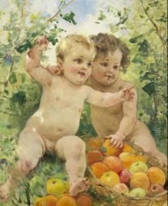 Due Bimbi Con Cesto Di Frutta by Federico Andreotti