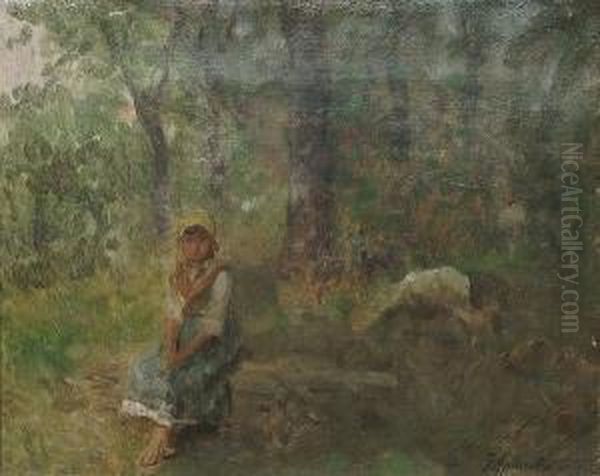 Young Girl Seated In A Wooded Landscape - view 1