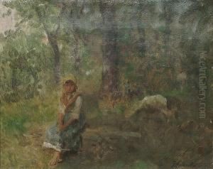Young Girl Seated In A Wooded Landscape by Federico Andreotti