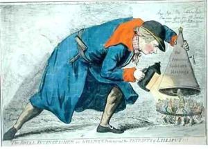 The Royal Extinguisher or Gulliver Putting Out the Patriots of Lilliput