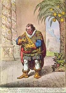 Caricature of Pizarro contemplating the product of his new Peruvian mine