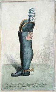 Cartoon depicting Colonel Justly Watson with the body of a boot Cartoon depicting Colonel Justly Watson with the body of a boot