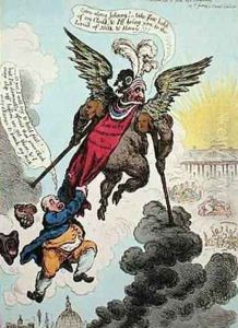 Le Diable Boiteux or The Devil upon Two Sticks Conveying John Bull to the Land of Promise by James Gillray