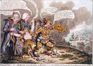 Physical Aid or Britannia recovered from a trance also The Patriotic Courage of Sherry Andrews and a Peep into the Fog by James Gillray