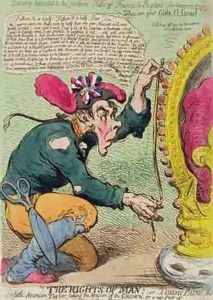 The Rights of Man or Tommy Paine the little American Taylor taking the Measure of the Crown for a new Pair of Revolution Breeches The Rights of Man or Tommy Paine the little American Taylor taking the Measure of the Crown for a new Pair of Revolution Breeches