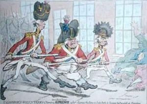 St Georges Volunteers Charging down Bond Street after clearing the Ring in Hyde Park and storming the Dunghill at Marybone by James Gillray