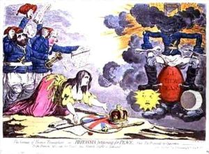 The Genius of France triumphant or Britannia petitioning for Peace by James Gillray
